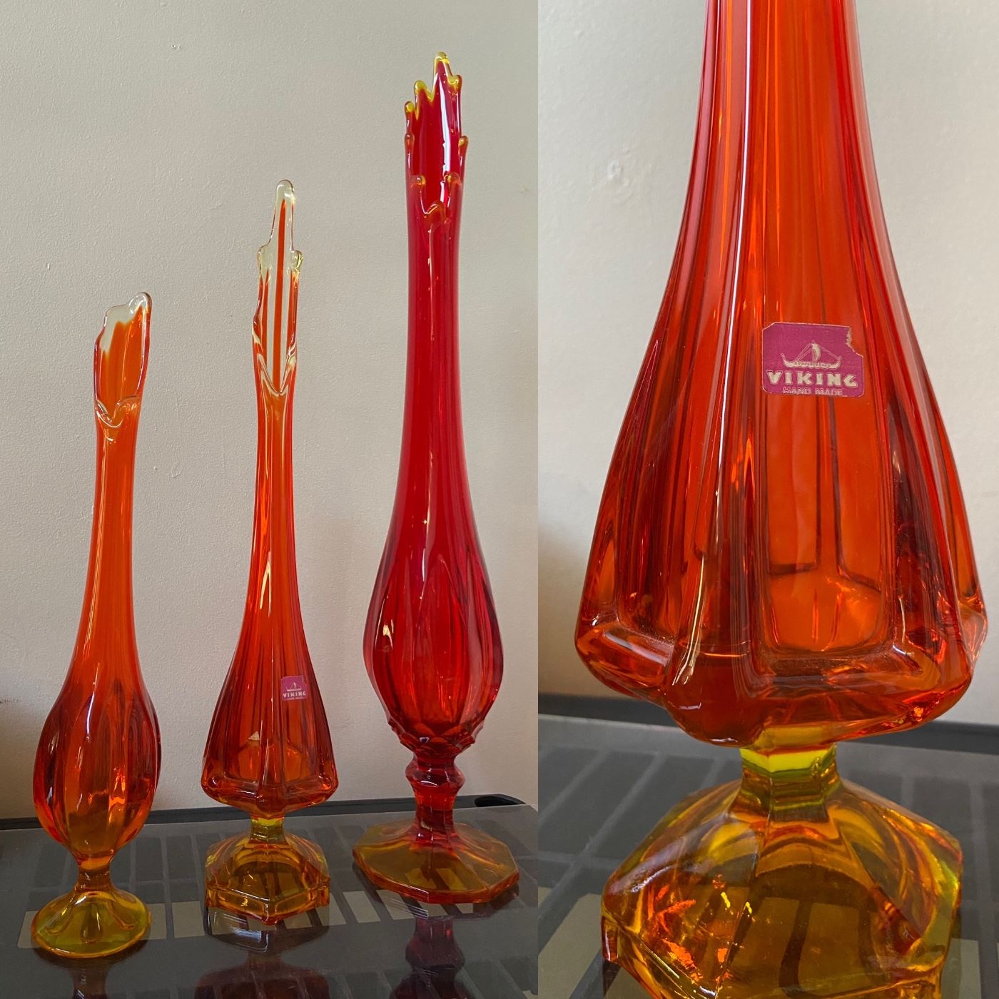 ( 3 ) Vintage Amberina Stretch Swung Footed Vases-Viking 17”, 20”, & 25” Tall