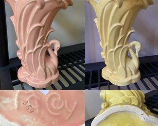 VT McCoy 1 Pink & 1 Yellow Swan Vase Planter 1940-50’s Art Deco Spring Bloom Display