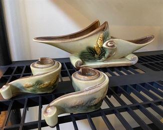 Vintage USA Hull Parchment and Pine Console Bowl with Matching Candle Holders