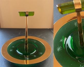 Vintage Green Starburst etched nut Dish w/Center Vertical Brass And Bakelite
Handle