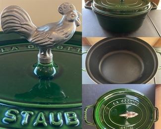 La Cocotte Staub Green Enamel No Stick Cookware with Rooster Top