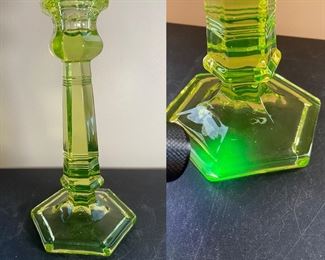 Antique Vaseline Uranium Candlestick 9” Tall