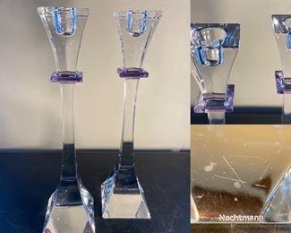 Pair Crystal Nachtmann Candlesticks with Amethyst Accent