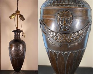 Antique Pompeian Bronze Japanese Figural faces Lamp
