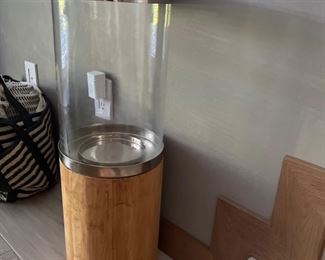 Kathy Kuo Teak wood Hurricane Lamp (Large): H27.5" x Diameter 9.5.  Glass Top Piece measures 14.5".