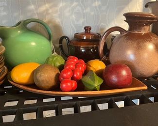 Frankoma pitchers and wax fruit