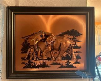 copper relief elephant  scene