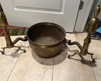 Brass Andirons & Bucket