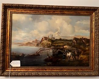 50. Old Water Scene, Horses, People