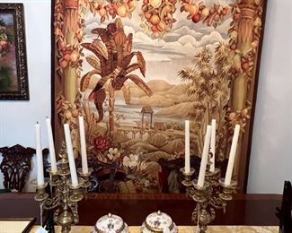 Tapestry, Brass Candle Holders (made in Italy)