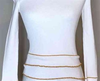 CHANEL White Long Sleeve Sweater With Gold Trim