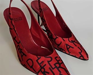 Charles Jourdan Red Monogram Slingback Heels