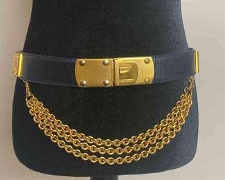 Donna Karan Navy Blue Leather Belt with Gold Chains 