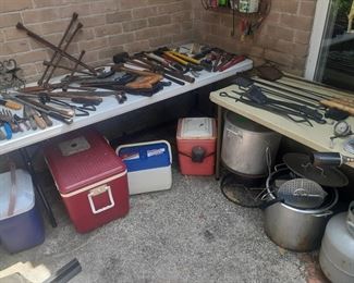 Assorted Hand Tools, Ice Chests, Crab Boil Pots and Gas Tank