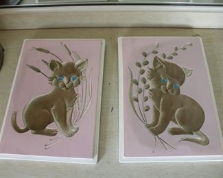 Vintage 1961 Richter Chalkware Blue Eyed Cats Mid Century Wall Hanging Art