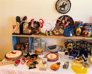 Chicken and rooster collection, includes bookends, cookie jar, and decorative wooden chickens. Canister sets, pie holder. 