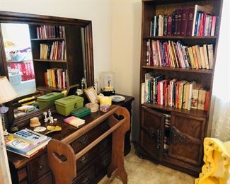 Nice dresser, matching bookcase, and end table. Quilt rack pictured. Books include hobby books, religious books, some fiction and nonfiction.