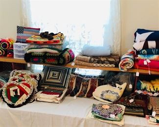 Afghans, fleece blankets, beautiful crazy quilt pillows, western pillows, quilt squares.