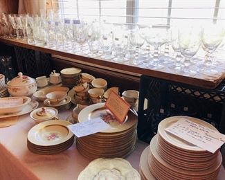 Two sets of Noritake China, one set of Havilland, Duncan Miller First Love crystal and matching plates made from 1935-1955, Gorham crystal (some marked).