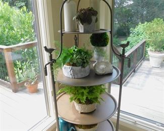 IRON STAND WITH PLANTS AND POTTERY