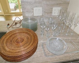 WICKER CHARGERS AND GLASSWARE