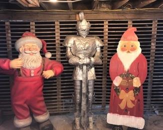 Lifesize Santa originally from Macy's NYC; King Richards suit of armor (o; and antique wooden santa, these are all lifesize