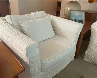 Two White Upholstered Large Arm Lounge Chairs