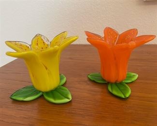 2 Blown Glass Tulip Figurines/Candle Holder