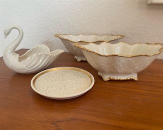 Lenox Cross Design Coaster/Trinket Dish, 2 Lenox Ivory and Gold Lorelei Candy Dish, Lenox Swan Trinket Dish
