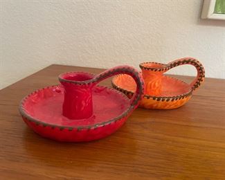Two Pottery Candle Holders with Handle - Red and Orange