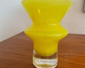 Mid Century Yellow and Clear Blown Glass Vase