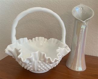 Milk Glass Hobnail Candy Dish, Iridescent White Vase