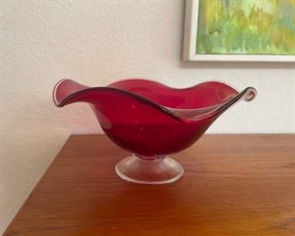 MCM Ruby Red Ruffled Blown Glass Candy Dish