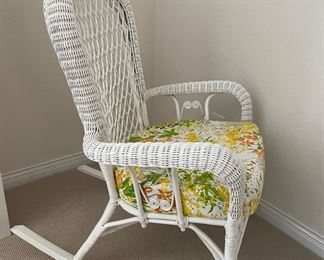 White Wicker Rocking Chair with Floral Cushion