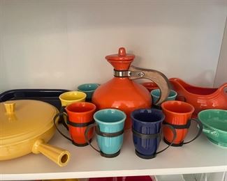 Poppytrail Orange Pitcher with Lid & Wooden Handle, 8 Tumblers with Metal Holders, Fiesta Ware Yellow Covered French Casserole, Orange Fiesta Ware Gravy Boat 