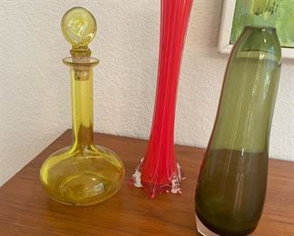 Red Blown Glass Vase, Yellow Blown Glass Decanter, Green Blown Glass Vase