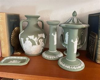 Sage Green Wedgewood - Jasperware - Double Handled Vase, 2 Candle Stick Holders, Trinket Dish, Lidded Urn/Vase