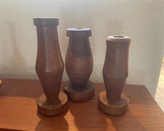 Set of Three Wood Carved Candle Stick Holders