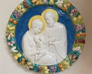 Italian Majolica Mary, Joseph & Baby Jesus Porcelain Wall Plaque/Plate