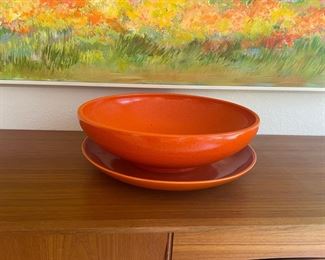 Bright Orange Pottery Salad Bowl and Plate