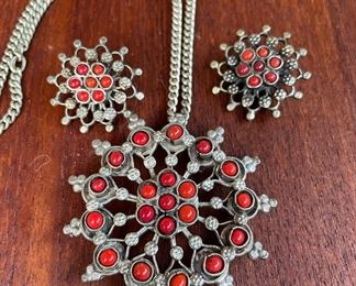 Red and Silver Tone Costume Jewelry Necklace & Earrings