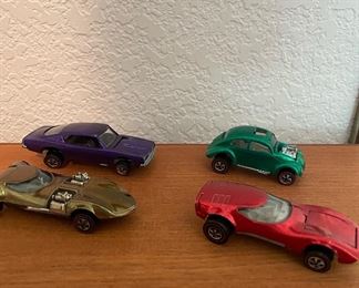 Redline Hotwheels - 1967 Green Custom Volkswagen Beetle, 1969 Red Torero, 1968 Gold Twinmill, 1967 Purple Custom Barracuda