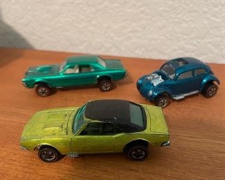 Redline Hotwheels - 1967 Lime Green Custom Camaro, 1968 Bright Green Cougar, 1967 Blue Custom Volkswagen Beetle