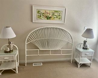 Two White Wicker Nightstands with Glass Top, White Rattan Headboard
