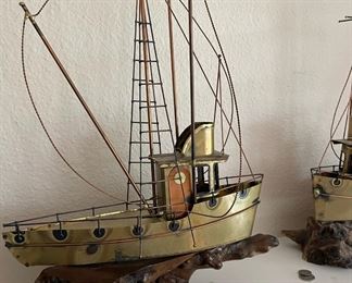  Copper and Brass Sail Boat Sculpture on Wood Stand