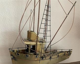 Copper and Brass Fishing Boat Sculpture on Wood Stand