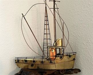  Copper and Brass Sail Boat Sculpture on Wood Stand