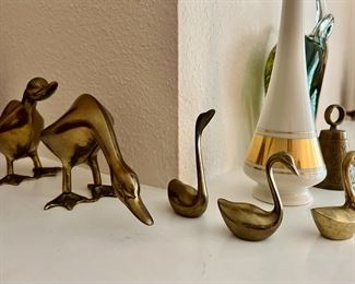 Two Brass Duck Figurines, Three Brass Swan Figurines