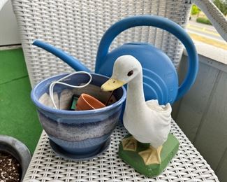 Outdoor Duck Statue, Small Blue Ceramic Planter