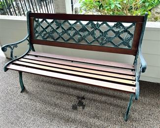 Outdoor Wood and Green Wrought Iron Bench with Vine Design